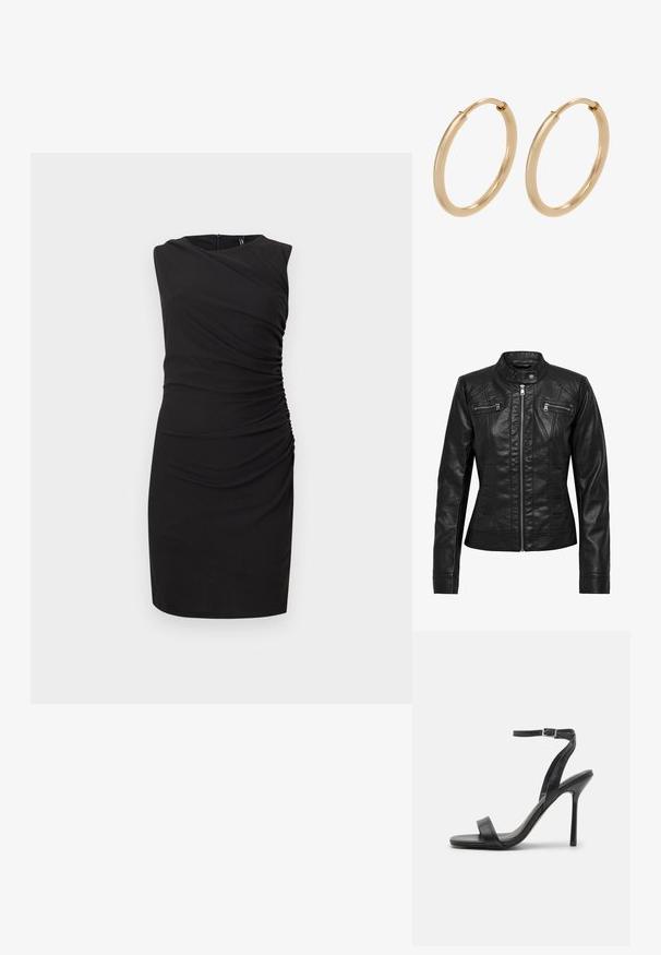 Veste en cuir noire avec col montant, fermeture éclair à l'avant et deux poches zippées sur la poitrine. Caractéristiques : coutures structurées et silhouette ajustée.; Robe noire sans manches longueur genou avec encolure asymétrique et détails froncés sur un côté, silhouette ajustée sur un fond uni.; Sandale à talons hauts noire avec une fine sangle au niveau de la cheville et deux bandes à l'avant. Fabriquée en cuir lisse avec un bout pointu élégant et un talon aiguille.; Boucles d'oreilles en or en forme de créoles, avec une finition lisse et polie. Forme arrondie, de taille moyenne, dotées d'un mécanisme de fermeture sécurisé.