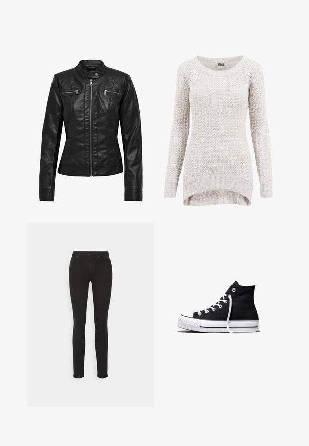Veste en cuir noire avec col montant, fermeture éclair à l'avant et deux poches zippées sur la poitrine. Caractéristiques : coutures structurées et silhouette ajustée.; Pull en tricot beige clair avec un motif texturé, à manches longues et à ourlet arrondi. Il présente un large col rond et des poignets côtelés.; Vero Moda Slim fit VMJUNE Mid rise - Jeans Skinny - black; Baskets montantes en toile noire avec semelle en caoutchouc blanche et lacets blancs, vues de côté sur un fond blanc.