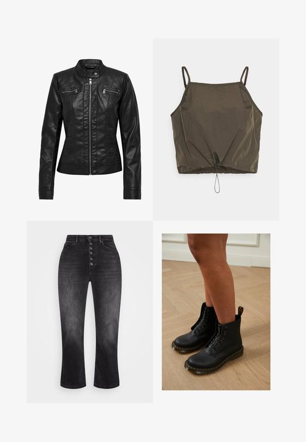 Veste en cuir noire avec col montant, fermeture éclair à l'avant et deux poches zippées sur la poitrine. Caractéristiques : coutures structurées et silhouette ajustée.; Noisy May NMPARACHUTE DRAWSTRING - Débardeur - crocodile; ONLY ONLEVELINA HIGH WAIST ANKLE - Jeans Skinny - washed black; Bottines en cuir noir avec fermeture éclair et design à lacets, arborant des coutures jaunes et une semelle épaisse et texturée.