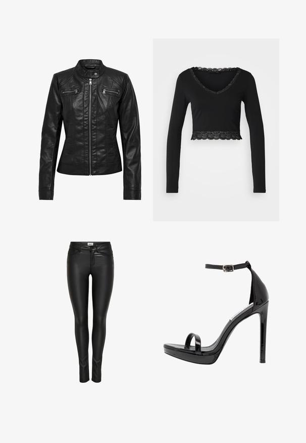 Veste en cuir noire avec col montant, fermeture éclair à l'avant et deux poches zippées sur la poitrine. Caractéristiques : coutures structurées et silhouette ajustée.; Crop top noir à manches longues avec un décolleté en V, présentant une bordure en dentelle festonnée autour du cou et à l'ourlet. Tissu doux et extensible.; Pantalons en faux cuir noir slim-fit avec bouton avant, fermeture à glissière et passants de ceinture, présentés sur un fond blanc.; Steve Madden MILANO - Sandales à talons hauts - black