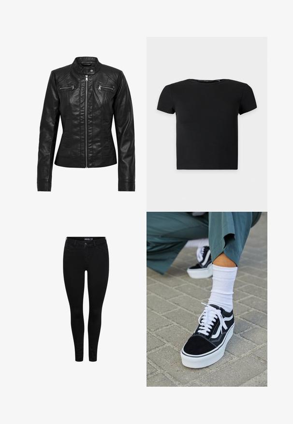 Veste en cuir noire avec col montant, fermeture éclair à l'avant et deux poches zippées sur la poitrine. Caractéristiques : coutures structurées et silhouette ajustée.; Top court noir à manches courtes en côte avec un col rond, présenté sur un fond clair uni.; Pieces PCDELLY - Jeans Skinny - black denim; Baskets en suède noir avec des accents et des lacets blancs, présentant une épaisse semelle blanche et des coutures contrastantes, associées à une chaussette blanche.