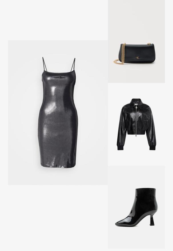 Μαύρο λαμπερό cropped bomber μπουφάν με ολόκληρο μπροστινό φερμουάρ, δύο πλαϊνές τσέπες, φαρδύ γιακά και ριμπ μανσέτες και ζώνη στη μέση.; Μαύρο, αμάνικο φόρεμα bodycon κατασκευασμένο από γυαλιστερό, ανακλαστικό υλικό. Διαθέτει λεπτές τιράντες και ευθύ τελείωμα. Έντονη λογότυπη λεπτομέρεια στο μπροστινό μέρος.; Μαύρο γυαλιστερό δερμάτινο μποτάκι με μυτερή μύτη και φαρδύ μεσαίου ύψους τακούνι σε λευκό φόντο.; Μαύρη δερμάτινη τσάντα ώμου με χρυσή αλυσίδα και μικρό χρυσό λογότυπο «cK» στο κέντρο της μπροστινής φλιπ, πάνω σε απλό φόντο.