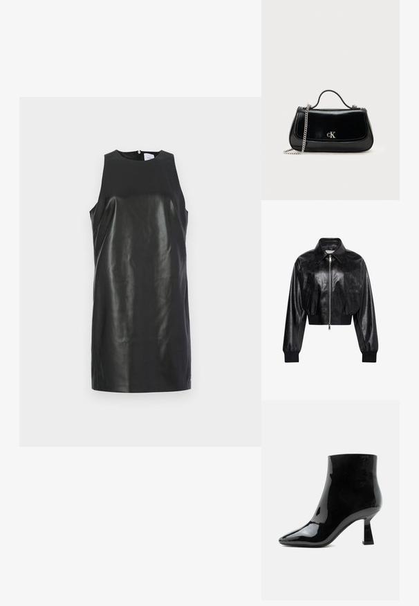 Schwarze glänzende kurze Bomberjacke mit durchgehendem Frontreißverschluss, zwei Seitentaschen, breitem Kragen sowie gerippten Bündchen und Bund.; Ärmelloses schwarzes Lederkleid mit glatter Textur, figurbetontem Schnitt und einem Reißverschluss auf der Rückseite. Einfaches, minimalistisches Design.; Schwarzer glänzender Lackleder-Stiefelette mit spitzer Zehenpartie und ausgestelltem mittelhohem Absatz auf weißem Hintergrund.; Schwarze Lederhandtasche mit einer Kettenriemen, strukturierter Form und einem silbernen Logo-Akzent. Glatte Textur mit einem Klappenverschluss.