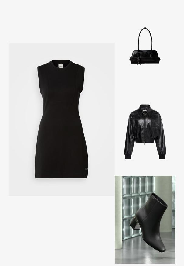 Schwarze glänzende kurze Bomberjacke mit durchgehendem Frontreißverschluss, zwei Seitentaschen, breitem Kragen sowie gerippten Bündchen und Bund.; Ärmelloses schwarzes, tailliertes Kleid von Calvin Klein mit rundem Ausschnitt und dezenten Nahtdetails auf einem weißen Hintergrund.; Schwarzer Leder-Stiefelette mit Blockabsatz, DKNY-Logo nahe oben, dargestellt vor einer Glasblockwand und poliertem Betonboden.; Schwarze Umhängetasche aus krokodilstrukturiertem Leder mit langen Riemen und einem kleinen silbernen Logocharm an einem Riemen.