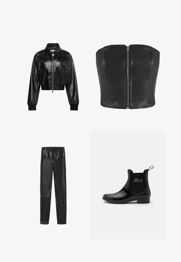 Schwarze glänzende kurze Bomberjacke mit durchgehendem Frontreißverschluss, zwei Seitentaschen, breitem Kragen sowie gerippten Bündchen und Bund.; Schwarzes Leder-Corsage-Oberteil mit strukturierter Passform. Verfügt über einen zentralen silbernen Reißverschluss und Nahtdetails entlang des Oberteils. Schmeichelnde Textur.; Schwarze, hoch taillierte Leggings aus Kunstleder mit elastischem Bund und gesteppten Kniepartien, flach auf weißem Hintergrund liegend.; Schwarzer glänzender Knöchel-Regenstiefel mit elastischem Seiteneinsatz und „Karl“ in goldener Schrift auf der Außenseite.