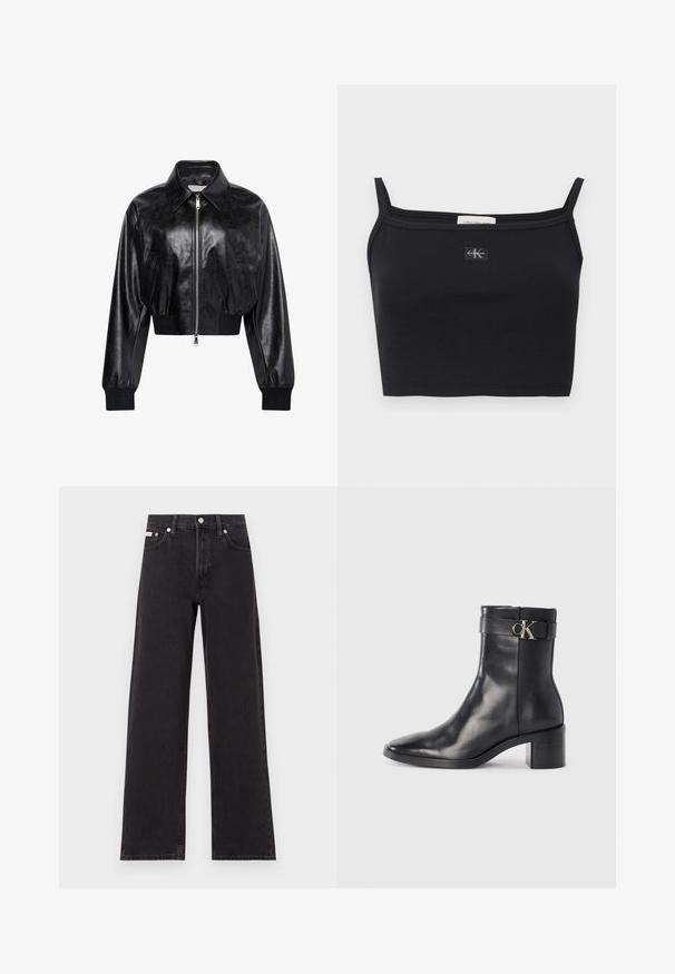 Sort skinnende cropped bomberjakke med fuld frontlynlås, to sidelommer, bred krave samt ribstrikkede ærmegab og taljebånd.; Sort ribstrikket cropped top med tynde stropper og et lille Calvin Klein-logoapplikation midt på brystet.; Sorte vidde jeans lavet af denim, med høj talje, fem-lomme stil og en metalknap lukning med kontrasterende syninger.; Sort læder ankelstøvle med spids tå, blokhæl og en rem med en metallisk logo detalje. Glat tekstur og minimalistisk design.