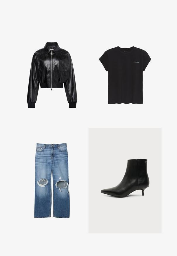 Μαύρο λαμπερό cropped bomber μπουφάν με ολόκληρο μπροστινό φερμουάρ, δύο πλαϊνές τσέπες, φαρδύ γιακά και ριμπ μανσέτες και ζώνη στη μέση.; Μαύρο κοντομάνικο t-shirt Calvin Klein με στρογγυλή λαιμόκοψη και λογότυπο "Calvin Klein" σε μικρό λευκό κείμενο στο αριστερό στήθος.; Μπλε τζιν παντελόνια με μεγάλα σκισίματα και στις δύο γόνατες και μια μικρή ετικέτα Calvin Klein στην δεξιά μπροστινή τσέπη.; Μαύρο δερμάτινο μποτάκι γύρω από τον αστράγαλο με μυτερή μύτη και χαμηλό τακούνι σε ανοιχτό φόντο, εμφανίζει την εξωτερική πλευρά.
