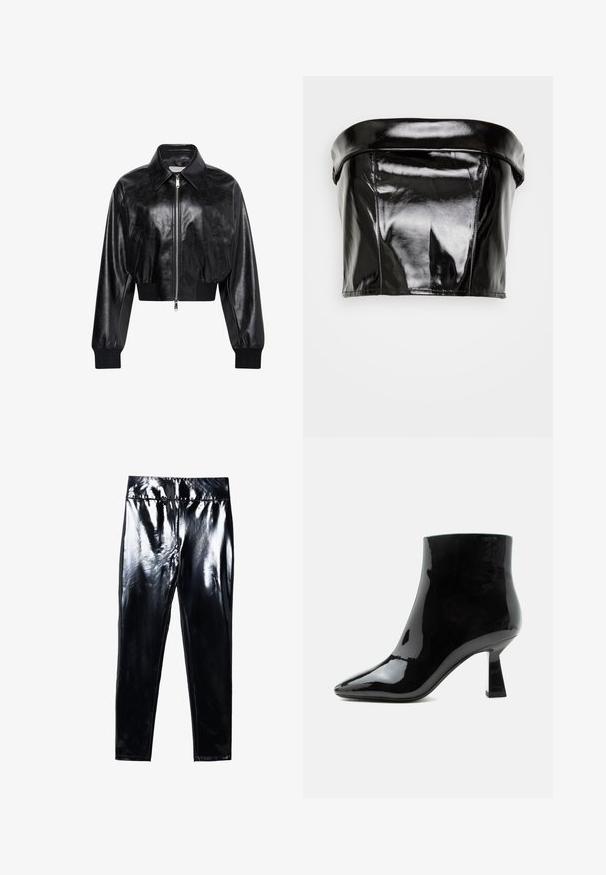 Sort skinnende cropped bomberjakke med fuld frontlynlås, to sidelommer, bred krave samt ribstrikkede ærmegab og taljebånd.; Gina Tricot TUBE - Top - black; Sorte højglans leggings med en blank, glat overflade. Elastisk talje og tætsiddende design med en indsnævret benform.; Sort blank laklæder ankelstøvle med spids tå og udvidet mellemhøj hæl på hvid baggrund.