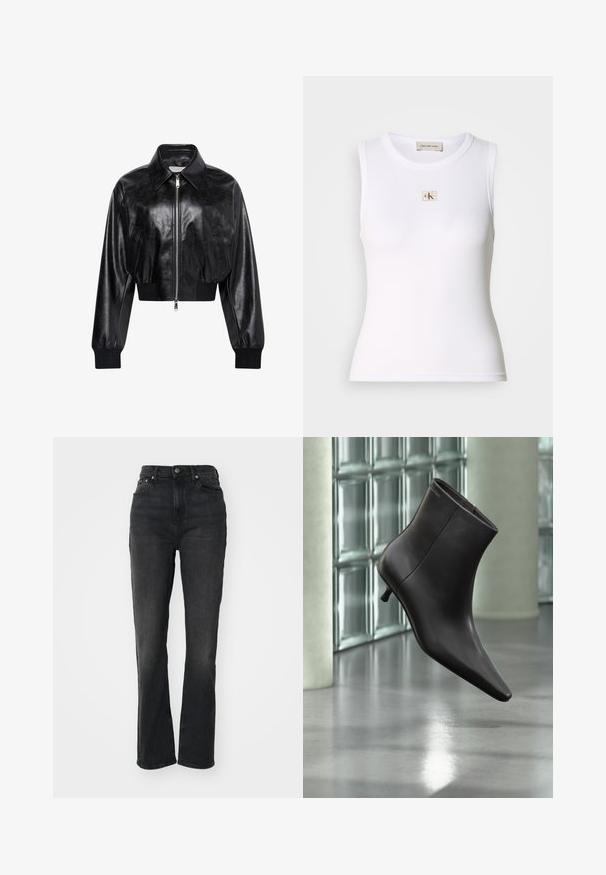 Zwart glanzend cropped bomberjack met volledige voorrits, twee zijzakken, brede kraag en geribde manchetten en tailleband.; Wit geribd mouwloos tanktop met Calvin Klein Jeans-label op de borst en binnenhalslabel.; Hoge zwarte denim jeans met rechte pijpen, vijf-pocket ontwerp, sluiting met een knoop aan de voorkant en minimale stikseldetails.; Zwarte leren enkellaars met puntige neus en lage hak, afgebeeld tegen een glazen blokkenmuur en gepolijste vloer op de achtergrond.