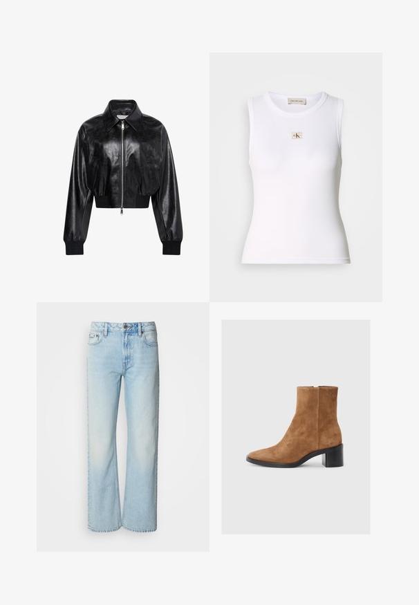 Zwart glanzend cropped bomberjack met volledige voorrits, twee zijzakken, brede kraag en geribde manchetten en tailleband.; Wit geribd mouwloos tanktop met Calvin Klein Jeans-label op de borst en binnenhalslabel.; Lichtblauwe wijde jeans van denim, voorzien van een klassiek vijf-pocket ontwerp en een subtiele vervaagde textuur. Denimstiksels zijn zichtbaar.; Bruine suède enkellaars met een spitse neus, een middellange blokhak en subtiele, geperforeerde logo-detail. Ritsluiting aan de zijkant.