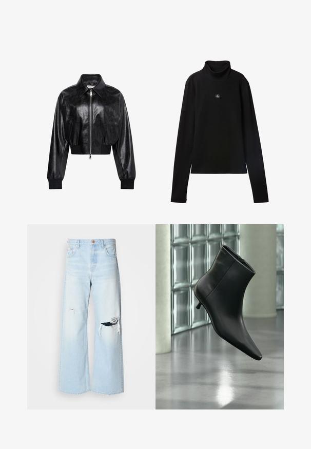 Schwarze glänzende kurze Bomberjacke mit durchgehendem Frontreißverschluss, zwei Seitentaschen, breitem Kragen sowie gerippten Bündchen und Bund.; Schwarzes, geripptes Langarm-Top mit Rollkragen und kleinem quadratischem Calvin Klein Logo-Patch zentral auf der Brust.; Helle blaue, weit geschnittene Jeans aus Denim mit hoher Taille, großen Rissen an den Knien und einem klassischen Fünf-Taschen-Design mit kupferfarbenen Beschlägen.; Schwarzer Leder-Stiefelette mit spitzer Zehenpartie und niedrigem Kitten-Heel, schräg dargestellt vor einem polierten Boden und einer Glasbausteinwand.