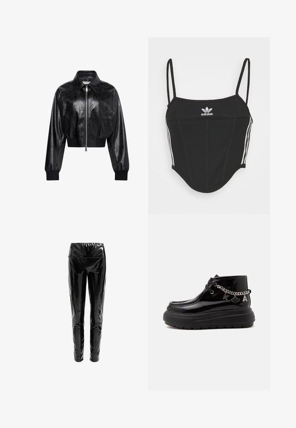 Schwarze glänzende kurze Bomberjacke mit durchgehendem Frontreißverschluss, zwei Seitentaschen, breitem Kragen sowie gerippten Bündchen und Bund.; Schwarzes, geripptes Crop Top mit verstellbaren dünnen Trägern, das drei weiße Streifen an den Seiten und ein kleines weißes Adidas-Logo in der Mitte aufweist.; Schwarze hochgeschnittene Hosen aus glänzendem, reflektierendem Material mit glatter Textur; figurbetontes Design, das sich an den Knöcheln verjüngt.; Schwarzer Plateau-Stiefelette aus Lackleder mit schwarzen Schnürsenkeln und silberner Kette mit Anhängern in Form eines Fächers und den Buchstaben K und A.