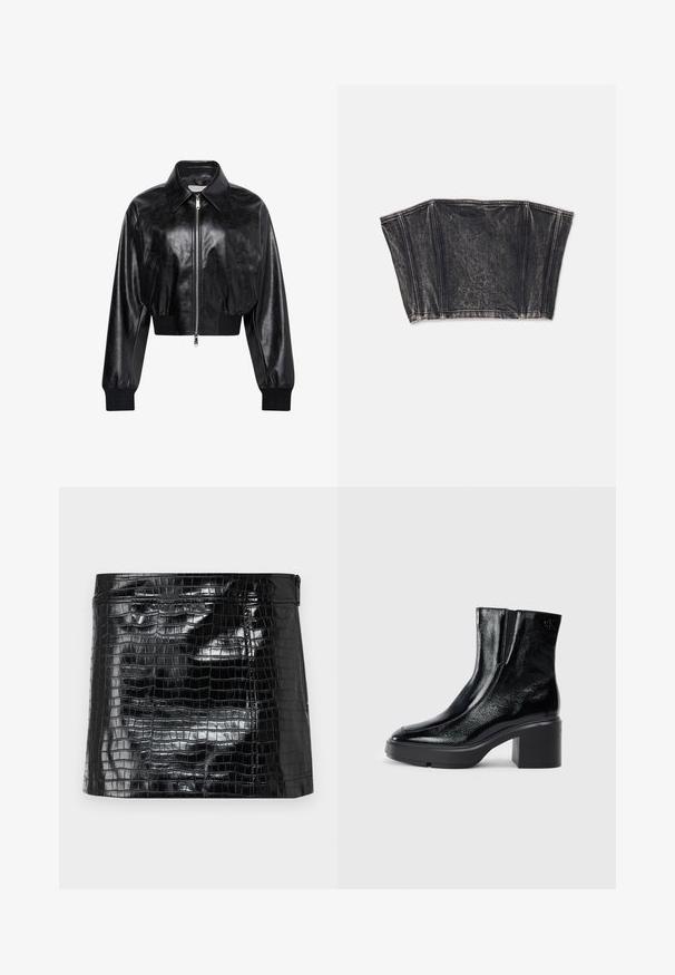Sort skinnende cropped bomberjakke med fuld frontlynlås, to sidelommer, bred krave samt ribstrikkede ærmegab og taljebånd.; Sort denim bustier med struktureret design, der har lodrette sømme og en tætsiddende, cropped form. Tekstureret overflade med subtil fading.; Sorte, glansfulde vinyl clutch taske med et krokodillehudsmønster, glat tekstur og en lynlåslukning i toppen. Kompakt rektangulær form.; Sorte patenterede læderankelstøvler med en buet tå, elastiske sidepaneler og en kraftig blokhæl. Har et præget logo på bagsiden.
