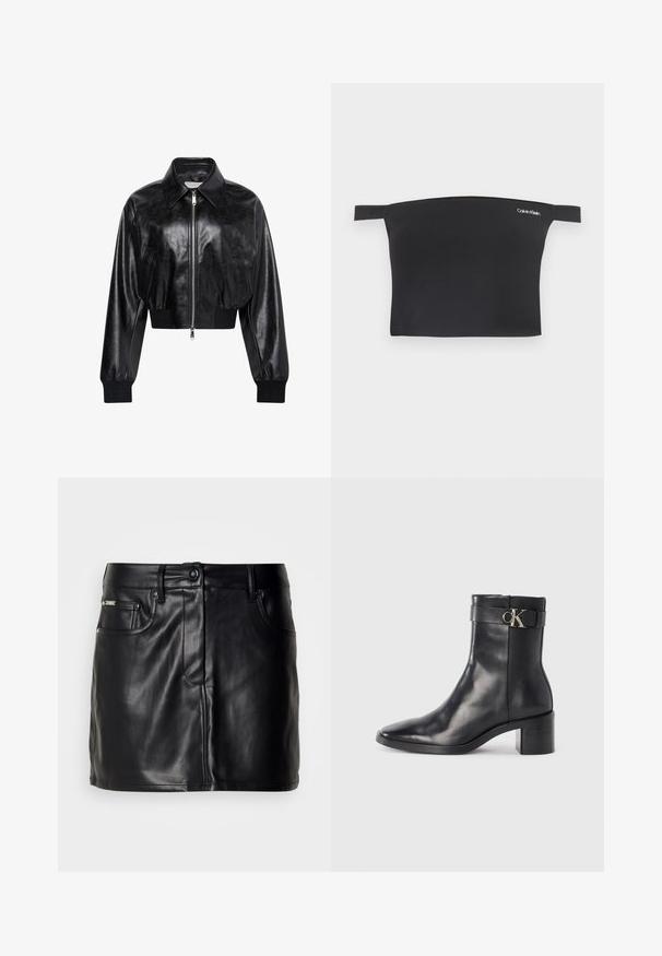 Sort skinnende cropped bomberjakke med fuld frontlynlås, to sidelommer, bred krave samt ribstrikkede ærmegab og taljebånd.; Sort crop top med off-shoulder design, fremstillet af glat stof. Har smalle stropper og et lille hvidt Calvin Klein-logo på forsiden.; Sort læder mini-nederdel med skræddersyet design, der har forlommer, knaplukning og en glat overflade.; Sort læder ankelstøvle med spids tå, blokhæl og en rem med en metallisk logo detalje. Glat tekstur og minimalistisk design.