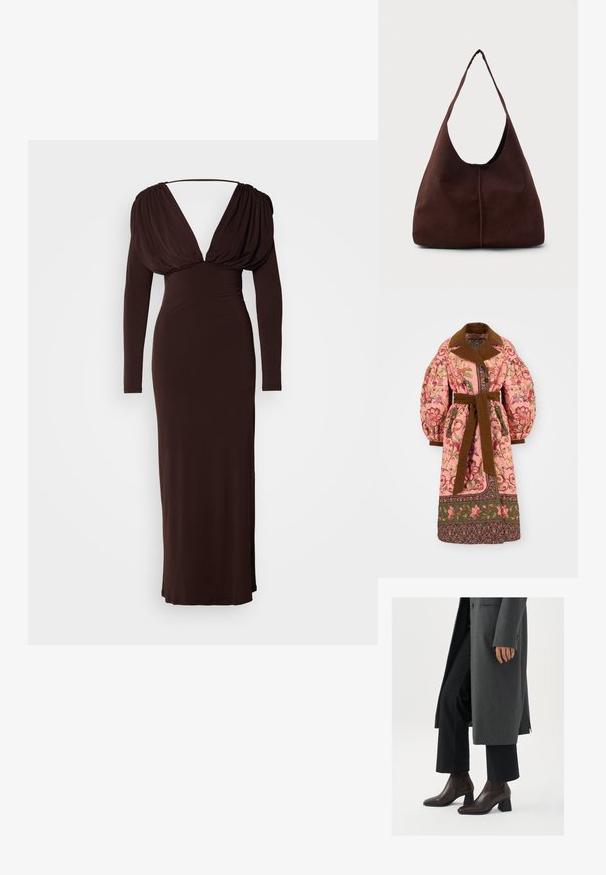 Gevakke roze buitenkleding met bloemmotieven, een bruine kraag en riem, fluffy mouwen en decoratieve afwerking aan de onderkant.; Lange bruine jurk van rekbare stof, met een diepe V-hals en gedrapeerde lange mouwen. Strakke silhouet met een bescheiden sleep.; Hogehakige enkellaarsjes van donkerbruin leer met een spitse neus en blokhak, gecombineerd met zwarte broeken en een grijze jas.; Bruine suède hobo tas met een grote, gebogen opening en een brede schouderband. Heeft een centrale naad aan de voorkant. Glad van structuur.