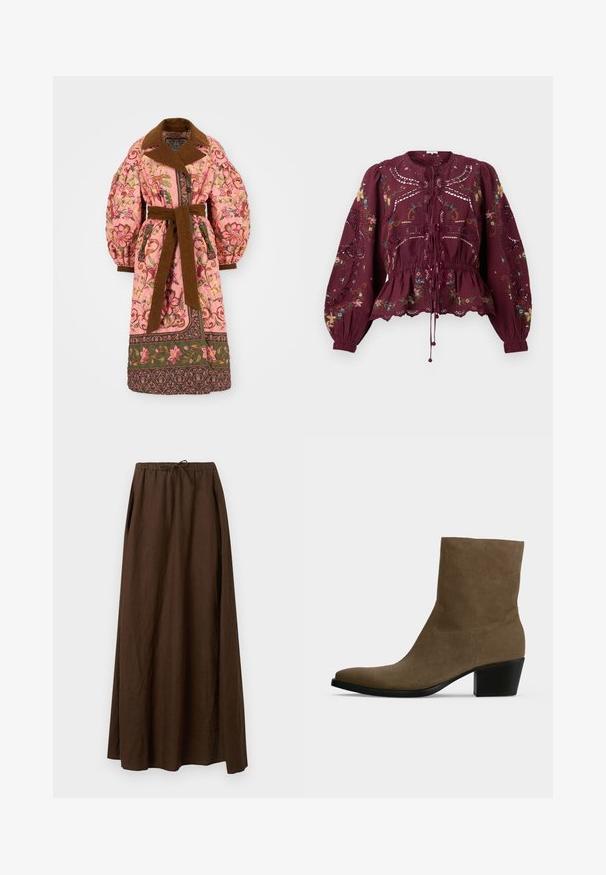 Gevakke roze buitenkleding met bloemmotieven, een bruine kraag en riem, fluffy mouwen en decoratieve afwerking aan de onderkant.; Bordeaux lange mouwen blouse met bloemenborduursel, kanten uitsparingen, gerimpelde taille en een striksluiting aan de voorkant op een effen achtergrond.; Bruine lange linnen rok met elastische tailleband en trekkoord. Heeft een losse, vloeiende pasvorm met zijplooien. Gladde textuur.; Bruine suède enkellaars met een puntige neus en een zwarte blokhak tegen een effen lichte achtergrond.