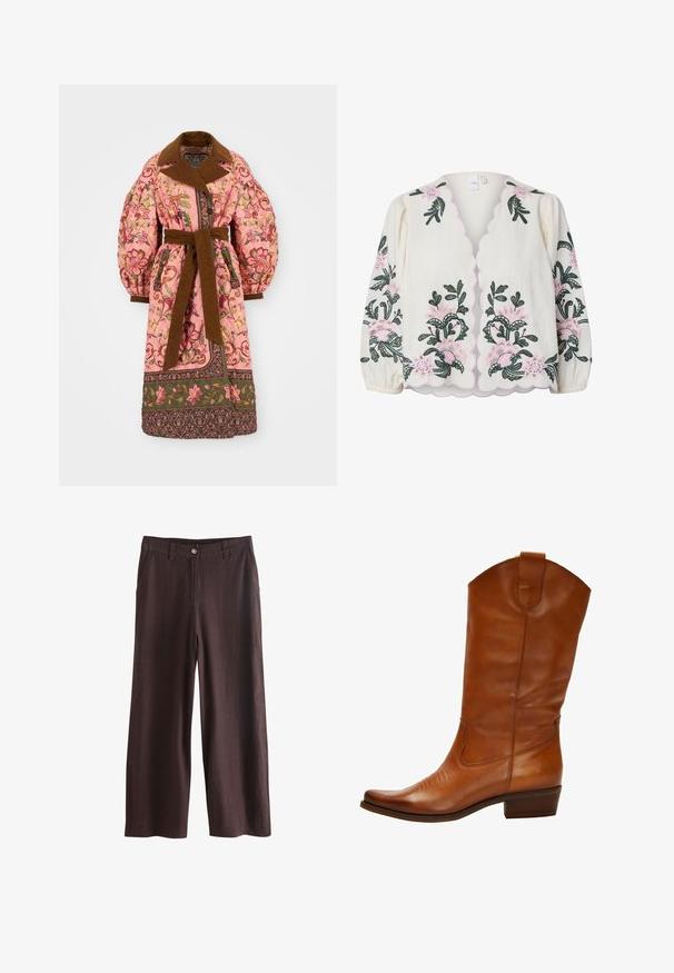 Gequiltete rosa Außenbekleidung mit floralen Mustern, braunem Kragen und Gürtel, voluminösen Ärmeln und dekorativem Saum.; Cremefarbene Bluse mit langen Ärmeln, gezackten Kanten und rosa-grüner Blumenstickerei vorne und an den Ärmeln.; Dunkelbraune, weit geschnittene Hose mit Gürtelschlaufen, vorderer Knopfverschluß und Seitentaschen, flach auf einem weißen Hintergrund liegend.; Braune Leder-Cowboy-Stiefel mit spitzem Zehenbereich, dekorativer Stickerei auf dem Vorderblatt und niedrigem, gestapeltem Absatz. Mit einem Zugriemen oben.