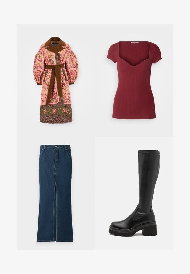 Gevakke roze buitenkleding met bloemmotieven, een bruine kraag en riem, fluffy mouwen en decoratieve afwerking aan de onderkant.; Geribbelde bordeauxrode top met een perfecte pasvorm, korte mouwen en een diepe V-hals. Gemaakt van zachte stof met een gladde textuur.; Good American FIT AND FLARE MAXI SKIRT - Jeansrok - indigo; RAID RIMISHA - Plateaulaarzen - black