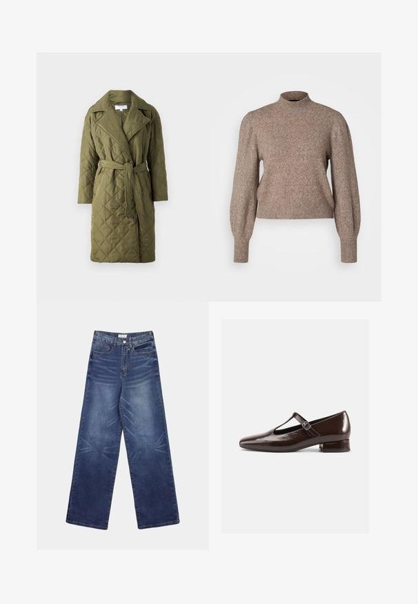 Sügisene oliivroheline paks mantel, millel on krae, pikad varrukad, vöökoht ja diagonaalne rombimuster üle kogu pinna.; Vero Moda Petite VMDOFFY - Džemper - brown lentil melange; Tumedast sinisest laia lõikega teksapüksid, millel on kõrge vöökoht, esiküljel selgelt nähtavad pleekimismustrid ning klassikaline viie taskuga disain.; Pruun läikiva nahaga Mary Jane stiilis kingad ümarate esiosade, lõikekujunduse ja reguleeritava rihmaga. Madal plokktald.