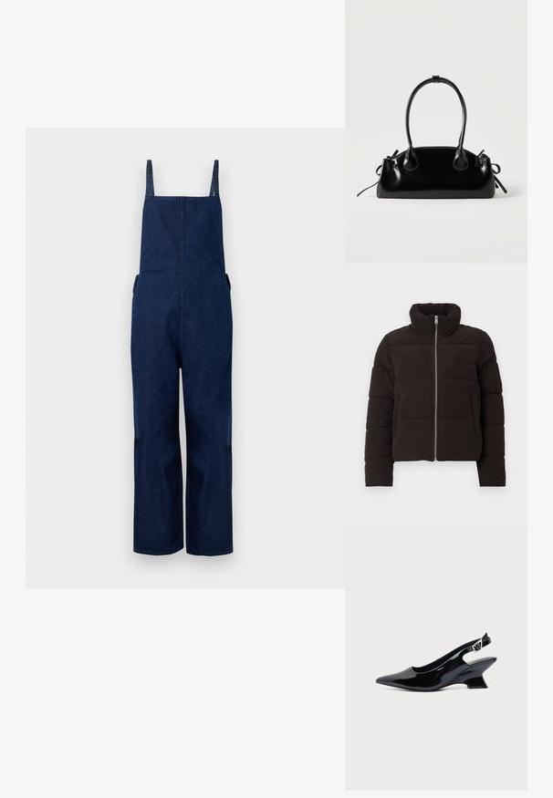 Veste rembourrée en velours côtelé marron foncé avec une fermeture éclair sur le devant, un col montant, des manches longues et des poches latérales, sur fond uni.; Salopette en denim marine avec jambes larges, bretelles ajustables et poches latérales, présentant un design épuré et minimaliste ainsi qu'une texture lisse.; Chaussure slingback en cuir verni noir avec bout pointu et petit talon bloc incliné sur fond clair uni.; Petit sac à main noir brillant avec deux longues anses et des détails à cordon sur les côtés sur un fond clair uni.