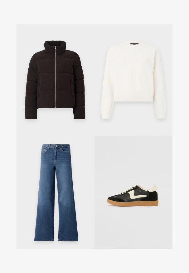 Veste rembourrée en velours côtelé marron foncé avec une fermeture éclair sur le devant, un col montant, des manches longues et des poches latérales, sur fond uni.; Pull blanc cropped en tissu doux avec un col rond, présentant des coutures d'épaule tombantes et un détail de couture verticale sur le devant.; Jeans en denim bleu à jambes larges avec une taille standard, des poches avant et une texture lisse. Pas de motifs ou d'ornements visibles.; Baskets en daim et cuir noir avec un swoosh latéral crème et un talon crème clair. Dotées de lacets beige et d'une semelle en caoutchouc gomme.
