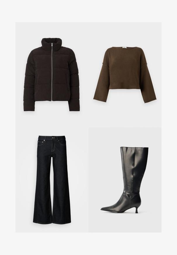 Veste rembourrée en velours côtelé marron foncé avec une fermeture éclair sur le devant, un col montant, des manches longues et des poches latérales, sur fond uni.; Pull court marron avec une encolure large, des manches longues et une texture douce. Design simple et sans ornements, adapté à diverses tenues.; Jean en denim foncé à jambes larges avec une taille haute, un design à cinq poches et une couture contrastée jaune le long des coutures.; Botte en cuir noire montant jusqu'au genou, avec un bout pointu et un petit talon bas, présentée sur un fond clair uni.