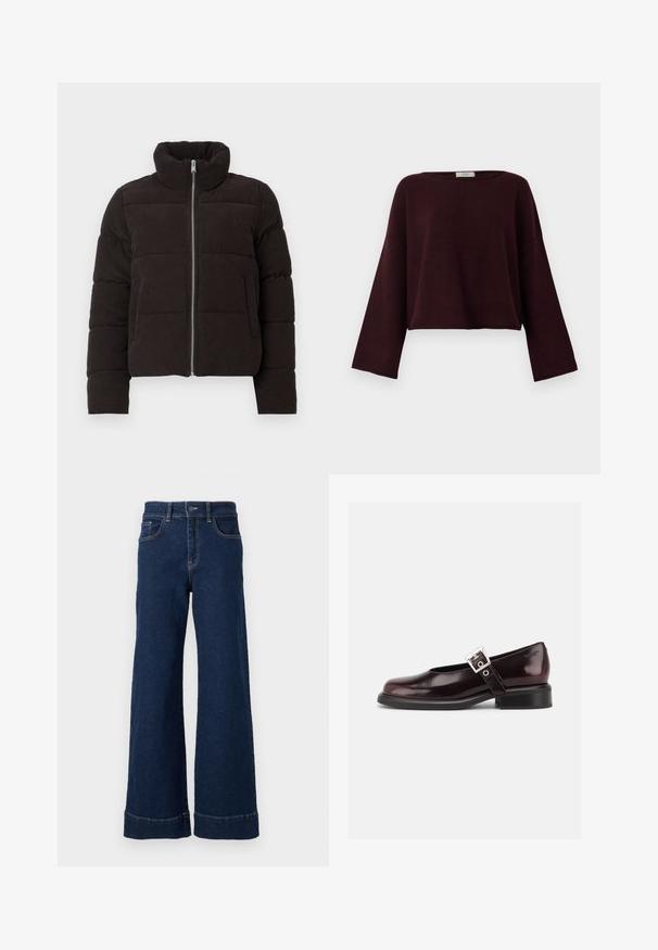 Veste rembourrée en velours côtelé marron foncé avec une fermeture éclair sur le devant, un col montant, des manches longues et des poches latérales, sur fond uni.; Pull en tricot long à manches longues, de couleur bordeaux foncé, avec des manches larges et une coupe légèrement cropped et boxy, sur un fond blanc uni.; Jean en denim bleu foncé à coupe large. Présente un design classique à cinq poches, une fermeture à bouton et des détails de ourlet replié.; Chaussure Mary Jane unique brillante couleur bordeaux foncé avec une large bride et une boucle argentée, talon bloc bas et bout arrondi sur fond blanc.