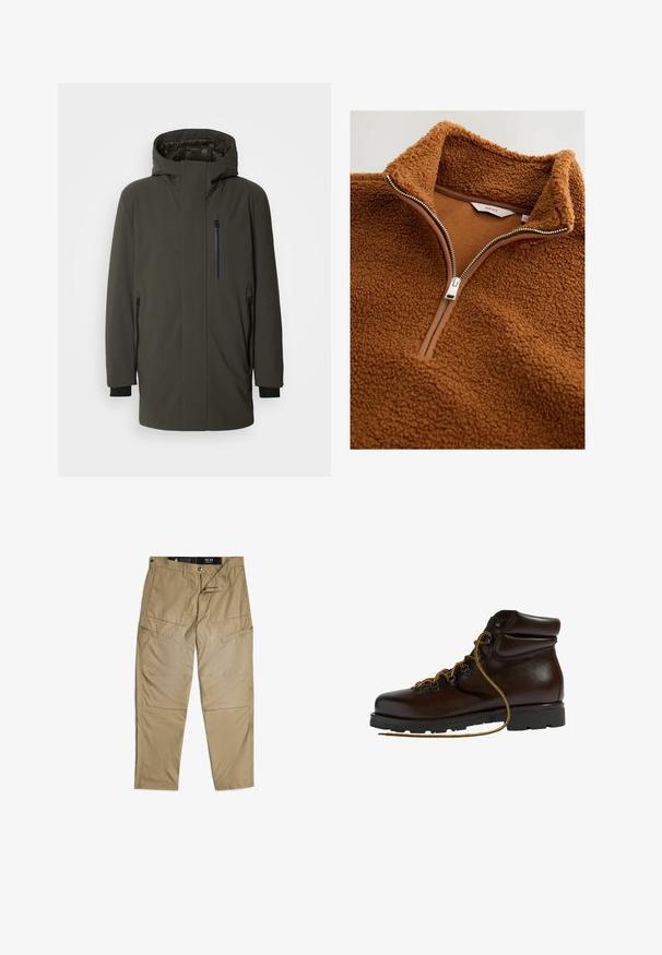 Olivgrüne isolierte Parkajacke mit hohem Kragen, verstellbarem Kapuze, zwei seitlichen Reißverschlusstaschen und einer Brusttasche mit Reißverschluss.; Brauner Fleece-Pullover mit hohem Kragen, Halb-Reißverschluss-Design, strukturiertem Außenmaterial und glattem Innenfutter, ausgestattet mit silberner Reißverschluss-Hardware.; Beige Cargo-Hosen mit geradem Bein, aus leichtem Material gefertigt. Sie verfügen über mehrere Taschen und verstärkte Nähte. Größe 32/34.; Brauner Leder-Wanderschuh mit abgerundetem Zeh, strukturierten Oberflächen, gelben Schnürsenkeln und Metallösen. Enthält eine robuste schwarze Gummisohle.