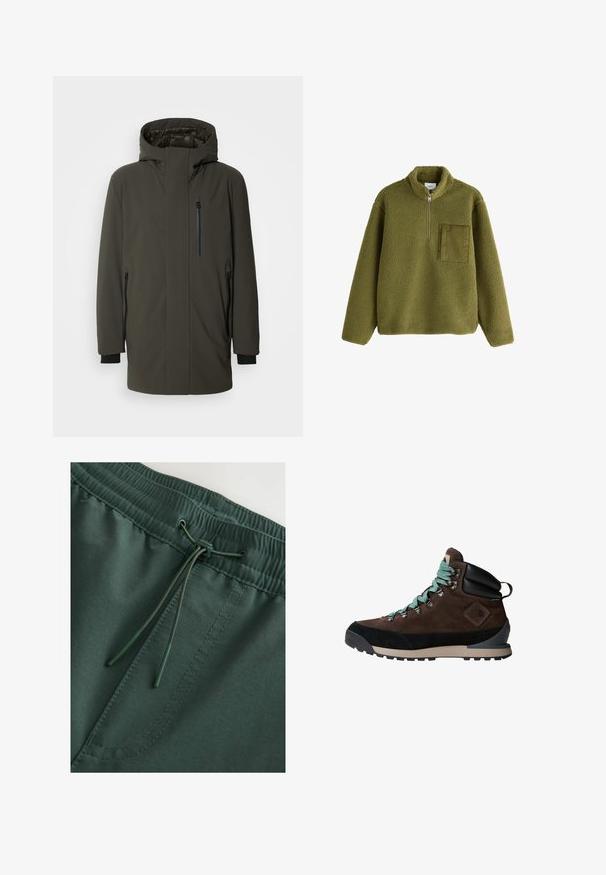 Olijfgroene gewatteerde parka met een hoge kraag, verstelbare capuchon, twee zijzakken met rits en een borstzak met rits.; Olijfgroene fleecetrui met lange mouwen, halve rits aan de voorkant, opstaande kraag en een gestructureerde vierkante borstzak aan de linkerzijde.; Donkergroene sweatshorts met een elastische tailleband en trekkoord, zacht van textuur en met zichtbare stiksels. Eenvoudig, functioneel ontwerp.; Bruine wandelschoen met een suède bovenwerk, zwarte accenten en turquoise veters. Beschikt over een robuuste zool en versterkte enkelsteun.