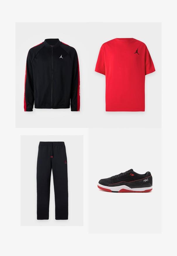 Čierna športová bunda na zips s červenými prúžkami na rukávoch, elastickými manžetami a bielym logom Jumpman na ľavej hrudi.; Červené bavlnené tričko s krátkymi rukávmi a čiernym siluetovým logom na ľavej strane hrudníka. Dizajn s okrúhlym výstrihom a voľným strihom.; Čierne tepláky s elastickým pásom a šnúrkou, malé červené logo Jumpman s textom "AIR" na ľavom stehne.; Nízke čierne tenisky s červenými detailmi, bielou podrážkou a nápisom „Flight“ na boku, zobrazené v bočnom profile na bielom pozadí.