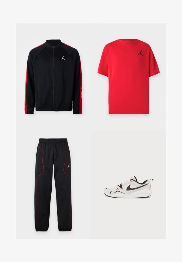 Čierna športová bunda na zips s červenými prúžkami na rukávoch, elastickými manžetami a bielym logom Jumpman na ľavej hrudi.; Červené bavlnené tričko s krátkymi rukávmi a čiernym siluetovým logom na ľavej strane hrudníka. Dizajn s okrúhlym výstrihom a voľným strihom.; Čierne športové nohavice s červeným pásikom, elastickým pásom a manžetami a malým bielym logom Jumpman na pravom stehne.; Bielo-čierna nízka športová teniska s panelmi z textilu a semišu, čiernym logom Nike Swoosh, červenými logami Jumpman a bielou podrážkou.