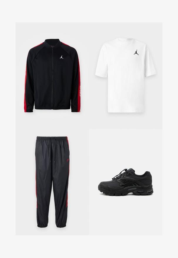 Zwarte sportjack met rits en rode strepen op de mouwen, elastische manchetten en een wit Jumpman-logo op de linkerkant van de borst.; Wit katoenen T-shirt met een ronde hals en korte mouwen. Het heeft een klein zwart Jordan-logo op het linkerborstgebied.; Zwarte Nike hardloopbroek met rode zijkstrepen, elastische tailleband met trekkoord en elastische boorden.; Zwarte atletische sneaker met textuurstof, dikke gevoerde zool, luchtopeningen en vetersluiting, vanaf de zijkant weergegeven tegen een lichte achtergrond.