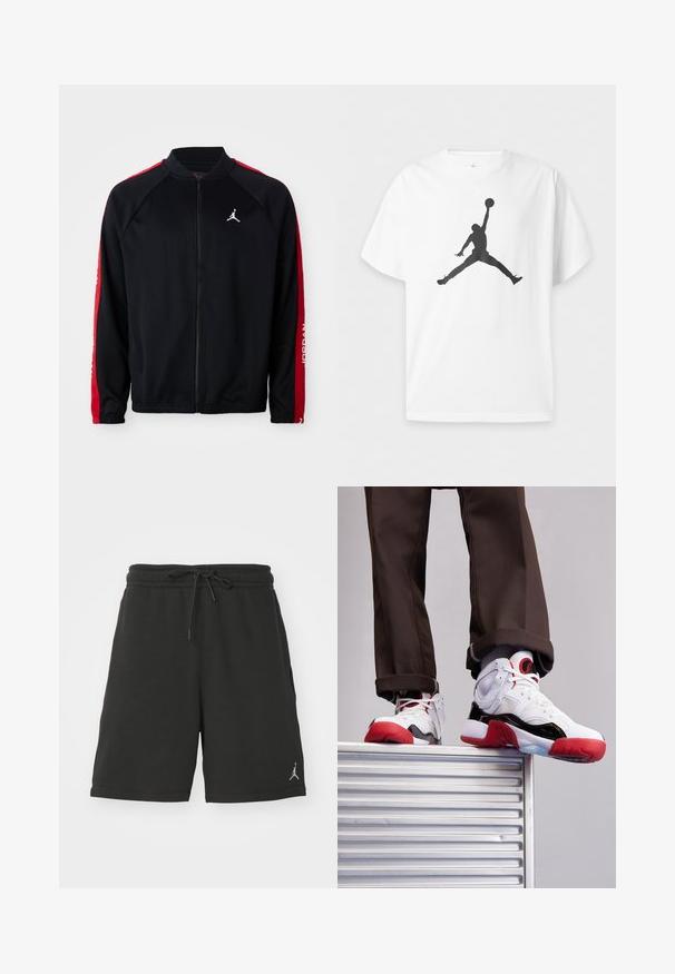 Čierna športová bunda na zips s červenými prúžkami na rukávoch, elastickými manžetami a bielym logom Jumpman na ľavej hrudi.; Biele tričko s krátkym rukávom s čiernym siluetom basketbalistu, ktorý skáče a drží loptu nad hlavou vo vzduchu.; Čierne športové šortky vyrobené z mäkkej tkaniny, s elastickým pásom so šnúrkou, bočnými vreckami a malým logom na ľavom stehne.; Biele a čierne športové topánky s červenými akcentmi. Obsahujú sieťovinový a kožený materiál, zaoblenú špičku a textúrovanú gumovú podrážku.