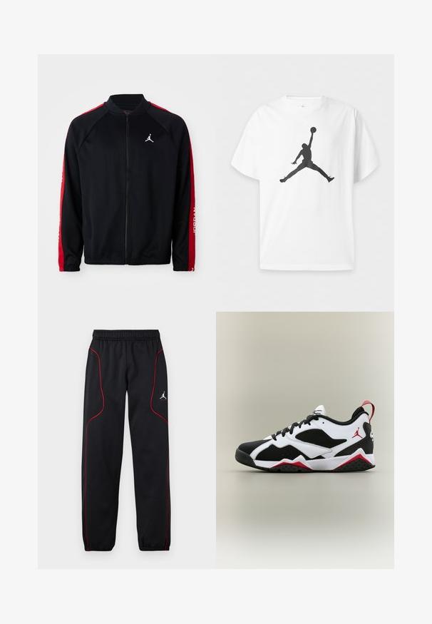 Čierna športová bunda na zips s červenými prúžkami na rukávoch, elastickými manžetami a bielym logom Jumpman na ľavej hrudi.; Biele tričko s krátkym rukávom s čiernym siluetom basketbalistu, ktorý skáče a drží loptu nad hlavou vo vzduchu.; Čierne športové nohavice s červeným pásikom, elastickým pásom a manžetami a malým bielym logom Jumpman na pravom stehne.; Nízkoprofilová teniska v čiernej, bielej a červenej farbe s priedušnými sieťovinovými panelmi, šnurovaním vpredu a logom Jumpman na boku a päte.