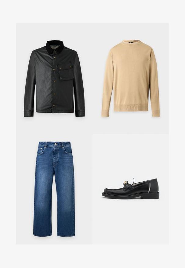 Veste noire légère avec un devant boutonné, un col en velours côtelé et une poche poitrine. Présente des accessoires en laiton et une texture lisse, légèrement brillante.; Pull beige à manches longues avec col rond, bordures côtelées aux poignets et à l'ourlet, présenté sur un fond gris clair uni.; Jean denim bleu à jambes larges, taille haute, fermeture à boutons et poches avant sur un fond clair uni.; Mocassin en cuir noir avec un bout arrondi, des accents blancs et des détails en or sur le dessus. Présente un empiècement texturé et un talon empilé.
