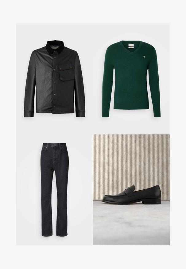 Veste noire légère avec un devant boutonné, un col en velours côtelé et une poche poitrine. Présente des accessoires en laiton et une texture lisse, légèrement brillante.; Pull à col en V de couleur vert foncé, en matériau doux. Conception ajustée avec des manches longues et un petit logo brodé sur la poitrine.; Jean en denim noir taille haute avec fermeture à bouton et à glissière, poches avant et arrière, et coupe droite.; Mocassin en cuir noir flottant au-dessus d'un tapis beige avec une table ronde brune brillante en arrière-plan.