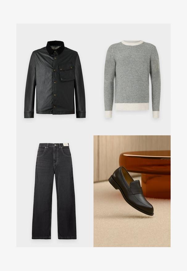 Veste noire légère avec un devant boutonné, un col en velours côtelé et une poche poitrine. Présente des accessoires en laiton et une texture lisse, légèrement brillante.; Pull rayé gris et crème avec un col rond côtelé et des poignets. Fabriqué en tissu texturé, offrant un design ajusté et des manches longues.; Jean noir à jambes larges en denim, doté de cinq poches, de coutures blanches contrastantes et d'une fermeture par bouton à la taille.; Mocassin en cuir noir à talon bas flottant au-dessus d'un sol moquetté beige près d'une table ronde marron.