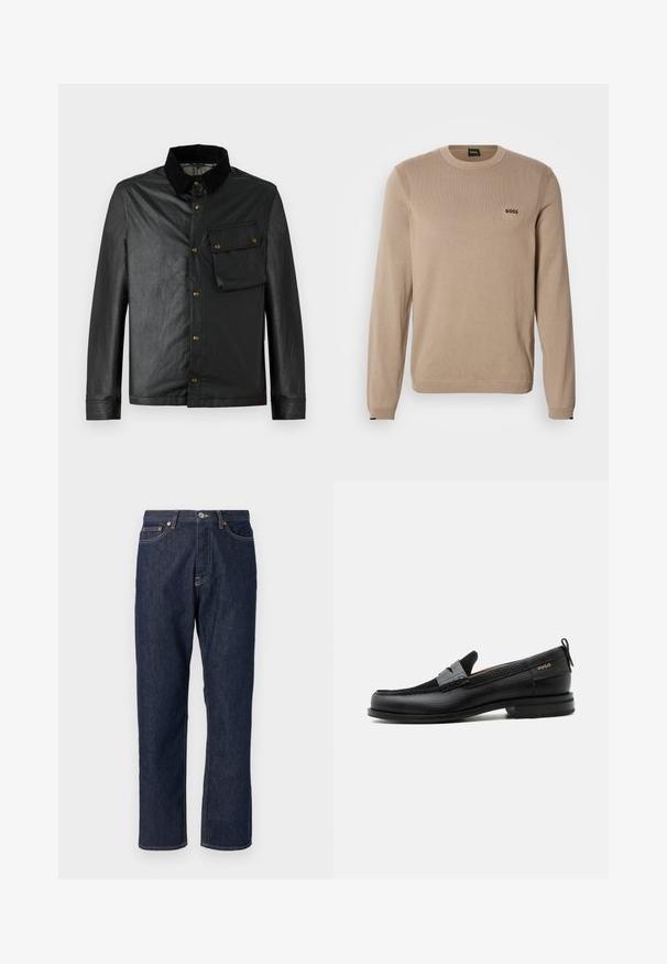 Veste noire légère avec un devant boutonné, un col en velours côtelé et une poche poitrine. Présente des accessoires en laiton et une texture lisse, légèrement brillante.; Pull en maille beige à manches longues, col rond, détails côtelés et petit logo noir « BOSS » sur la poitrine. Texture douce, coupe classique.; Jean en denim bleu foncé avec une coupe droite. Comprend une fermeture à bouton et à fermeture éclair, cinq poches et des détails de surpiqure contrastants.; Mocassin en cuir noir avec détail de bride grise, talon bas et semelle texturée, marqué "HUGO" en or sur le côté.
