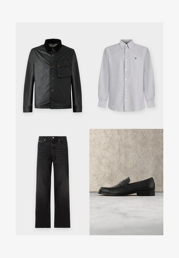 Schwarze, leichte Jacke mit Knopfleiste, Cordkragen und Brusttasche. Verfügt über Messingbeschläge und eine glatte, leicht glänzende Textur.; Herrenlangarmhemd mit dünnen vertikalen grauen Streifen und einem kleinen gestickten Emblem auf der linken Brust.; Schwarze Jeans mit geraden Beinen, fünf Taschen, Gürtelschlaufen und Knopfverschluss, auf weißem Hintergrund dargestellt.; Schwarzer Leder-Slipper schwebt über einem beigen Teppich, im Hintergrund ein glänzender, runder brauner Tisch.