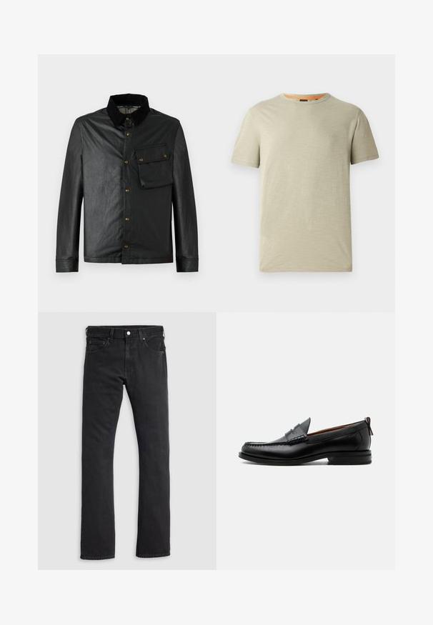 Schwarze, leichte Jacke mit Knopfleiste, Cordkragen und Brusttasche. Verfügt über Messingbeschläge und eine glatte, leicht glänzende Textur.; Hellgrünes, kurzärmliges T-Shirt aus strukturiertem Stoff. Es hat einen runden Halsauschnitt und ein kleines eingeprägtes "BOSS"-Logo auf der Brust.; Schwarze Jeans aus Denim mit geradem Schnitt, zwei Vordertaschen und einem Bund mit Knopf- und Reißverschluss. Glatte Textur, keine Muster.; Schwarzer Leder-Herrenschuh mit Mokassinnaht, Penny-Riemen, strukturiertem Kragen und niedrigem gestapeltem Absatz auf weißem Hintergrund.