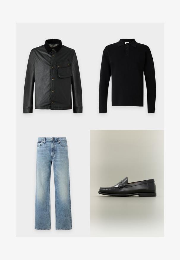 Sort, let jakkeset med knaplukning foran, fløjlskrave og brystlomme. Har messingbeslag og en glat, let skinnende tekstur.; Sort langærmet poloshirt lavet af blødt materiale, med krave, tre-knaps lukning og en lille brystlomme.; Lyseblå denim jeans med lige ben, højt talje, fem lommer, knaplukning og diskrete falmede områder på lår og knæ.; Sort læder herresko med moc-toe-design, penny-rem og lav hæl på en neutral baggrund.