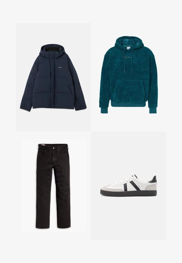 Navy sininen pehmustettu takki, jossa on huppu, etuvetoketju, kaksi sivutaskua ja pieni logo rinnassa. Sujuva, vedenkestävä kangas.; Teal fleece-huppari, jossa on muhkea rakenne, säädettävä naruhuppu, etutasku ja ribbitut hihat sekä helma. Sisältää hienovaraisen nimikirjausbrodeerauksen.; Mustat suorat farkut, joissa on viisi taskua, nappisulku ja vyölenkit, aseteltuna tasaisesti valkoista taustaa vasten.; Valkoiset lenkkarit mustilla ja harmailla yksityiskohdilla, joissa on teksturoitu harmaa kärki, musta kumipohja ja litteät valkoiset nauhat. Siisti muotoilu, minimalistinen tyyli.