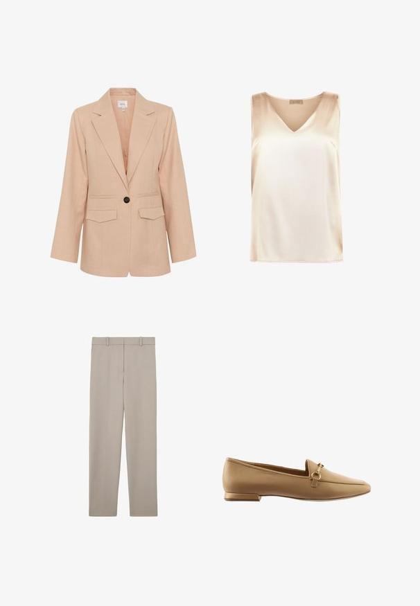 Gestuz MANU - Korte frakker - rose dust; Beige ærmeløs top lavet af glat stof med v-hals design og lige kant. Minimalistisk stil uden yderligere mønstre eller accenter.; Beige, lige bukser med bæltestropper og et rent, minimalistisk design, vist fladt på en hvid baggrund.; Beige læder loafers med flad hæl, der har en dekorativ metalring og stropdetalje, glat overflade og rund tådesign.