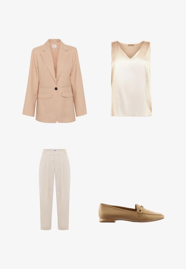 Gestuz MANU - Korte frakker - rose dust; Beige ærmeløs top lavet af glat stof med v-hals design og lige kant. Minimalistisk stil uden yderligere mønstre eller accenter.; Beige skræddersyede bukser med høj talje, plisseret front og tapered ben. Lavet af letvægtsstof med en glat tekstur.; Beige læder loafers med flad hæl, der har en dekorativ metalring og stropdetalje, glat overflade og rund tådesign.