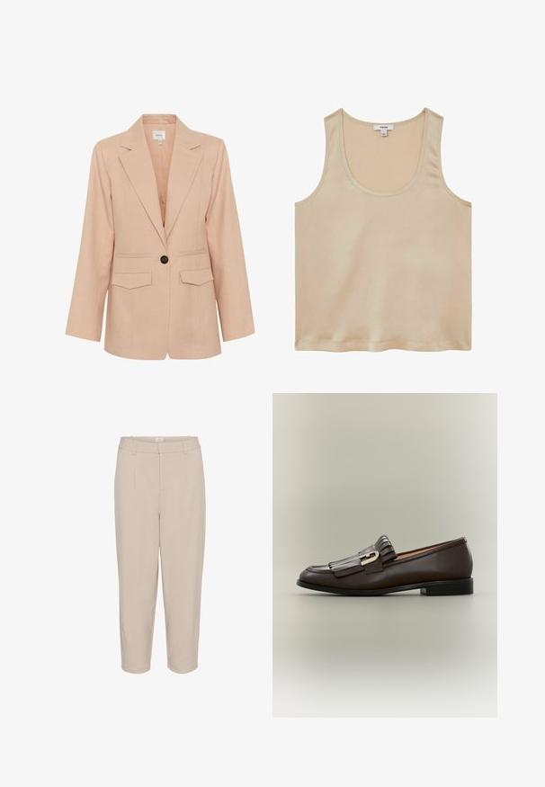 Gestuz MANU - Abrigo corto - rose dust; Reiss REGULAR FIT - Blusa - neutral; Pantalones recortados beige con una textura suave, pliegues frontales, dos bolsillos laterales y una cinturilla. Diseño de pierna recta con un acabado a medida.; Mocasín de cuero marrón oscuro con detalle de flecos y hebilla dorada sobre un fondo neutro, vista lateral.