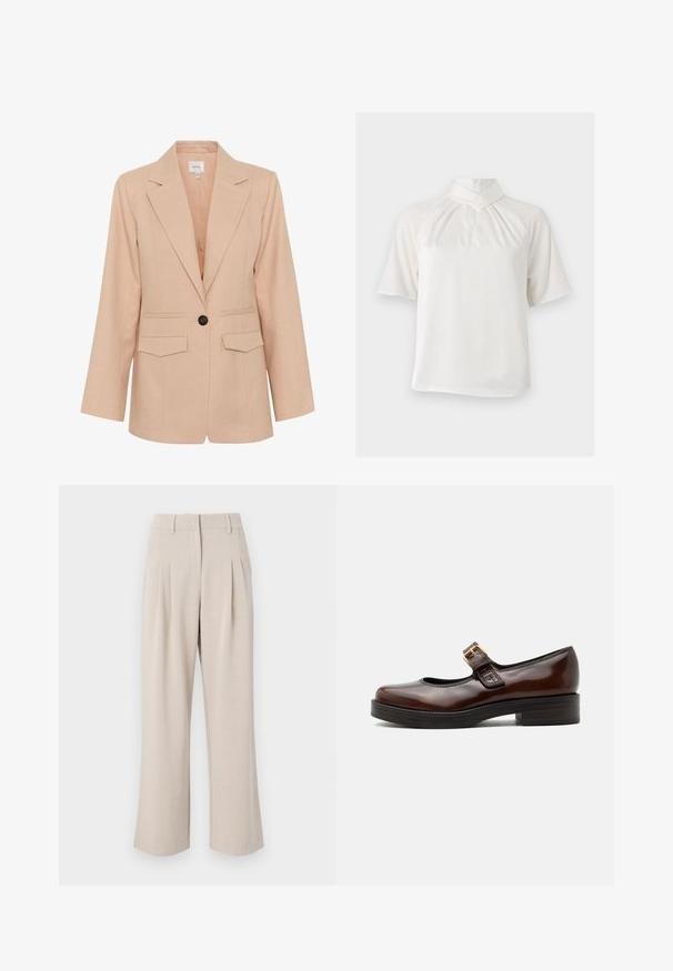 Gestuz MANU - Halflange jas - rose dust; Witte blouse met korte mouwen, een hoge gekruiste kraag en plooien bij de halslijn tegen een effen achtergrond.; Beige wijde pantalon met een hoge taille, voorzien van plooien aan de voorkant, een gladde textuur en een gestructureerd ontwerp. Geen zichtbare zakken of versieringen.; Donkerbruine Mary Jane-schoen met glanzende afwerking, afgeronde neus, lage blokhak en gouden gesp over de wreef.