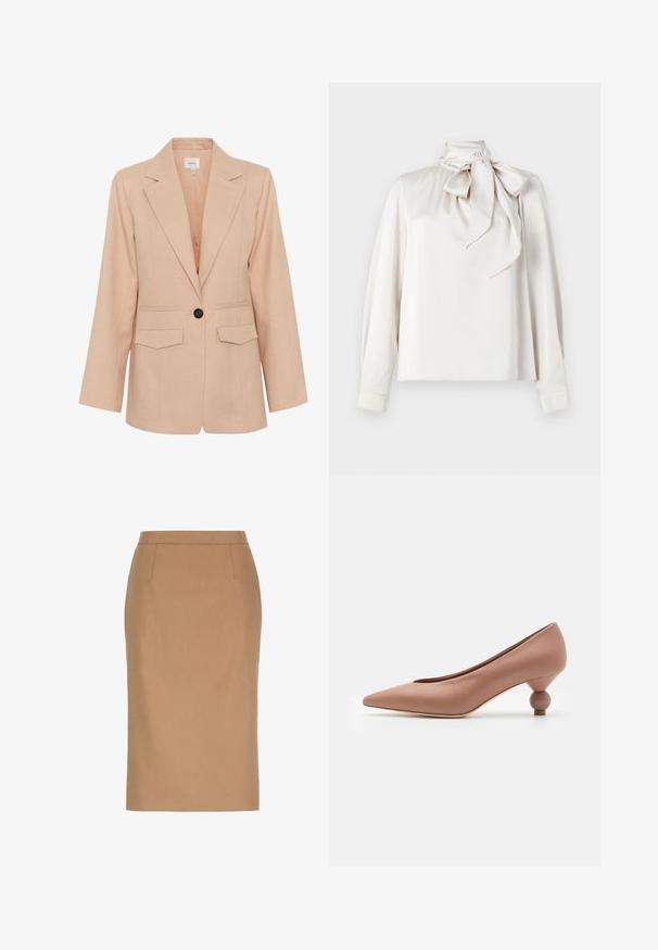 Gestuz MANU - Korte frakker - rose dust; Lys beige bluse med lange ærmer, høj krave og en stor sløjfe ved halsen. Glat tekstur og let løs pasform.; Beige knælængde blyantsnederdel med høj talje og subtile sømdetaljer foran.; Weekend Max Mara RENZA - Pumps - nudo