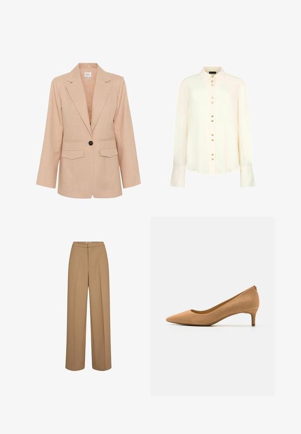 Gestuz MANU - Abrigo corto - rose dust; Blusa de manga larga color crema con cuello puntiagudo y botones decorativos en la parte delantera y en los puños extra anchos.; Pantalones de pierna ancha en una tela marrón claro, con un frente plano sin bolsillos visibles, diseño ajustado y una textura suave.; Zapato de tacón alto con punta afilada en ante color marrón claro, con un tacón bajo y una textura suave. Silueta clásica con un ligero detalle en la parte trasera.