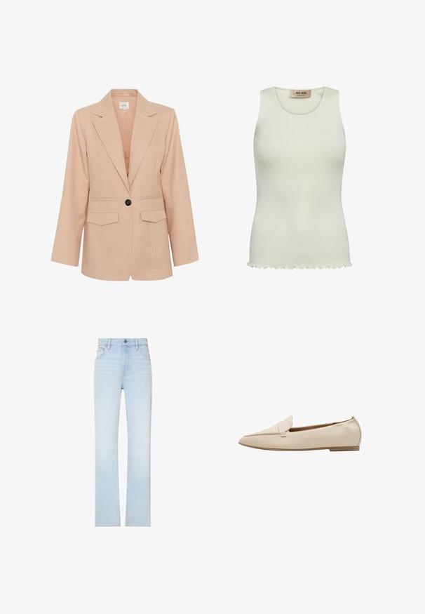 Gestuz MANU - Korte frakker - rose dust; Ribbet hvid tanktop med rund halsudskæring og bølget kant. Fremstillet af blødt, strækbart stof uden pynt eller mønstre.; Lyseblå jeans med høj talje og lige ben, med forlommer, bæltestropper og knaplukning.; Beige læder loafers med en spids snude og minimalistisk design. Har en lille forreste rem og en flad hæl. Glat tekstur overalt.