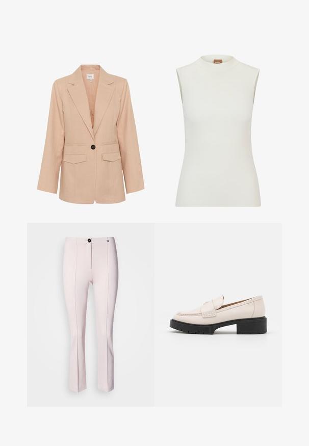 Gestuz MANU - Halflange jas - rose dust; Witte, mouwloze top met een hoge halslijn, met een geribbeld textuur en een getailleerd ontwerp. Merkenlabel "BOSS" zichtbaar op de kraag.; Roze op maat gemaakte broeken met een lichte flare, voorzien van een sluiting met een knop aan de voorkant, twee verticale naden en een gladde textuur.; Lichtbeige leren loafers met een gestikte voorkant en een textuur met een zwarte plateauhak. Beschikt over een gebogen ontwerp en een lichte verhoging.